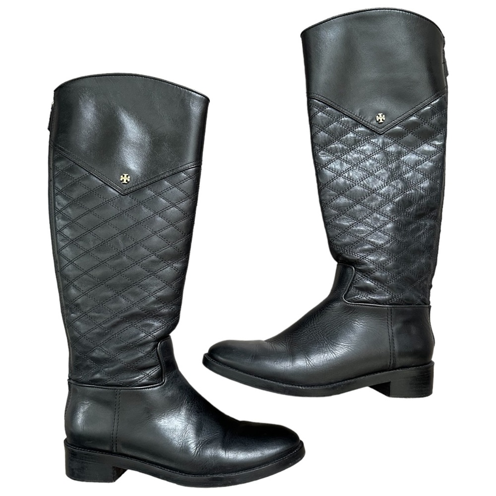 Tory Burch Claremont Quilted Black Leather Riding Boots Zip Up Shoes Womens 8